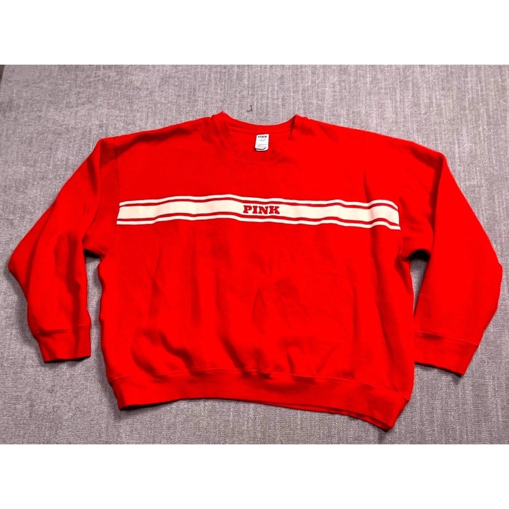 Pink Victoria's Secret Sweatshirt Womens 2XL Red Crew Neck Striped Logo Pullover